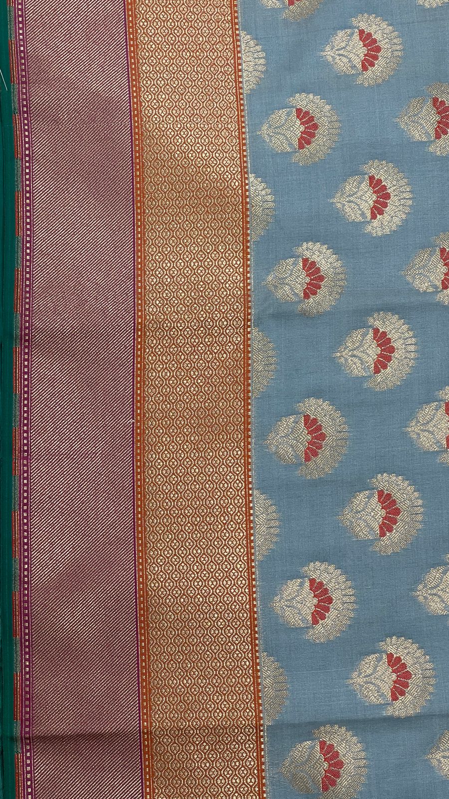 Faishana Presents Light Blue Katan Silk Floral Zari Minakari Booti with Banarasi 2D Zari Border and Floral Pallu with Light Blue Blouse