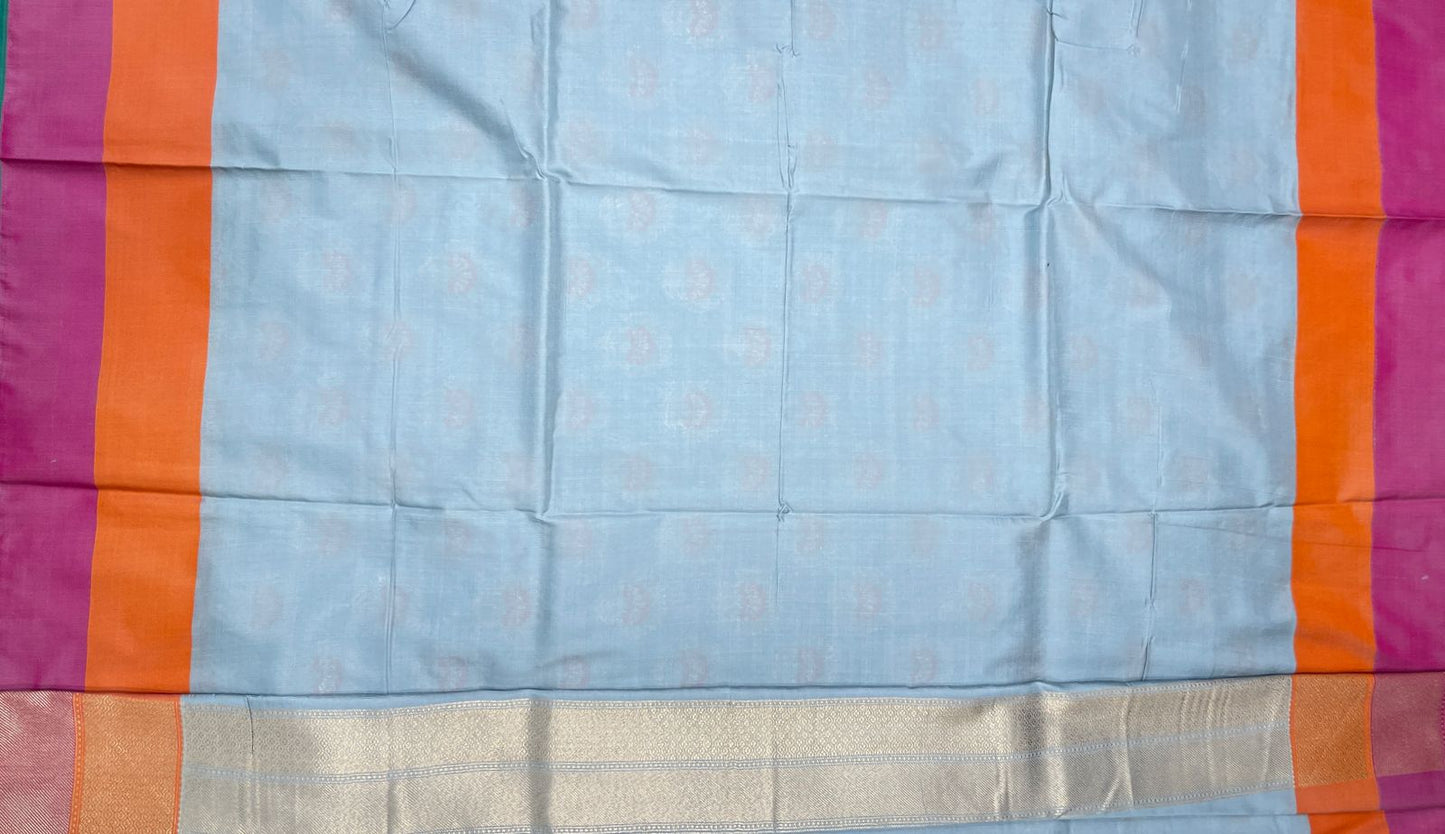 Faishana Presents Light Blue Katan Silk Floral Zari Minakari Booti with Banarasi 2D Zari Border and Floral Pallu with Light Blue Blouse
