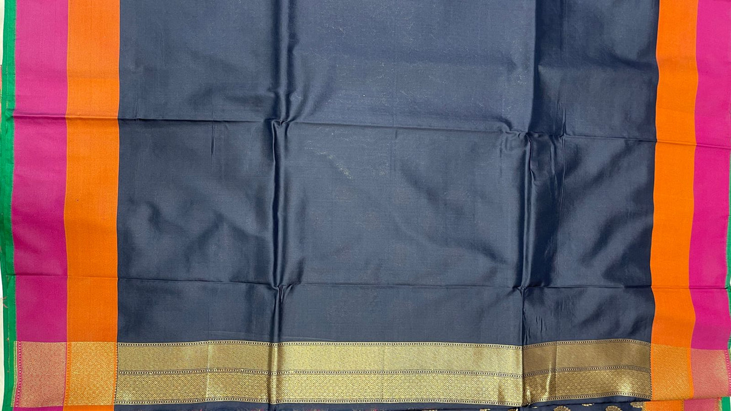 Faishana Presents Navy Blue Katan Silk Floral Zari Minakari Booti with Banarasi 2D Zari Border and Floral Pallu with Navy Blue Blouse