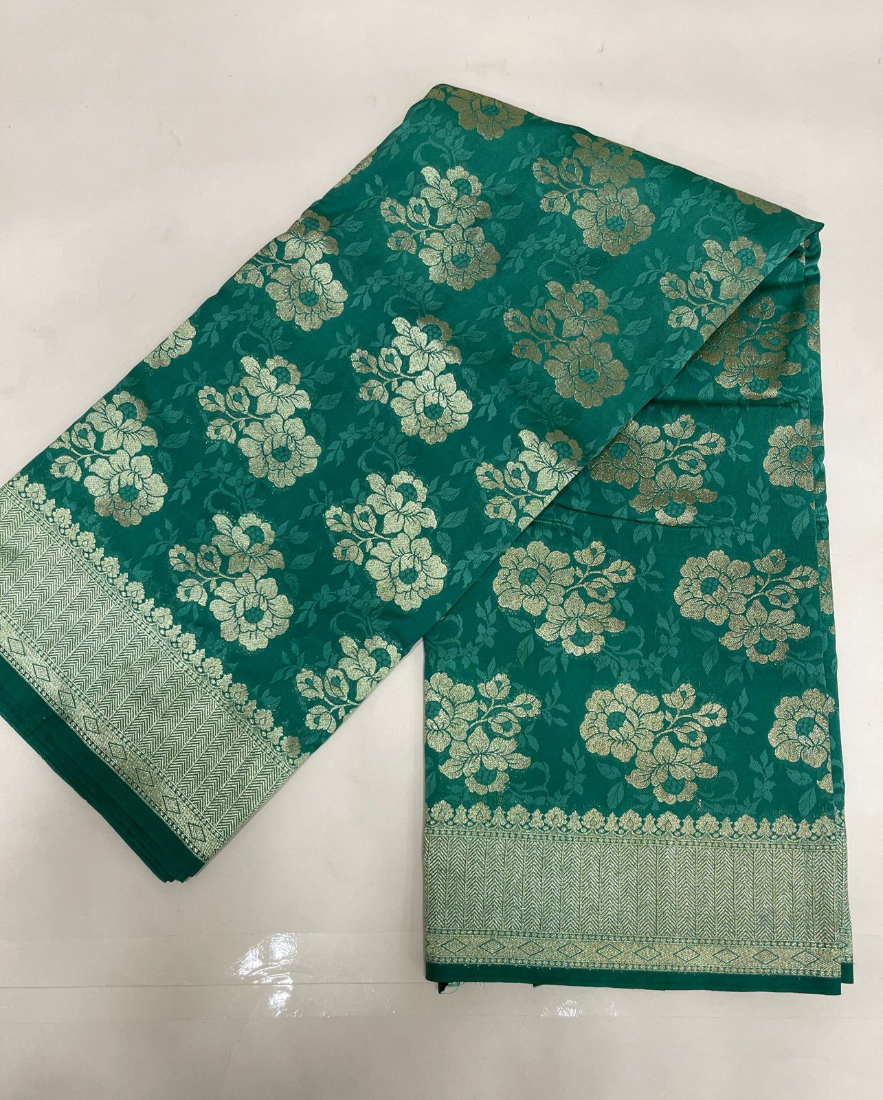 Faishana Presents Sea Green Katan Silk Golden Zari Floral Tilfi Boota with Banarasi Zari Border and Sea Green Blouse