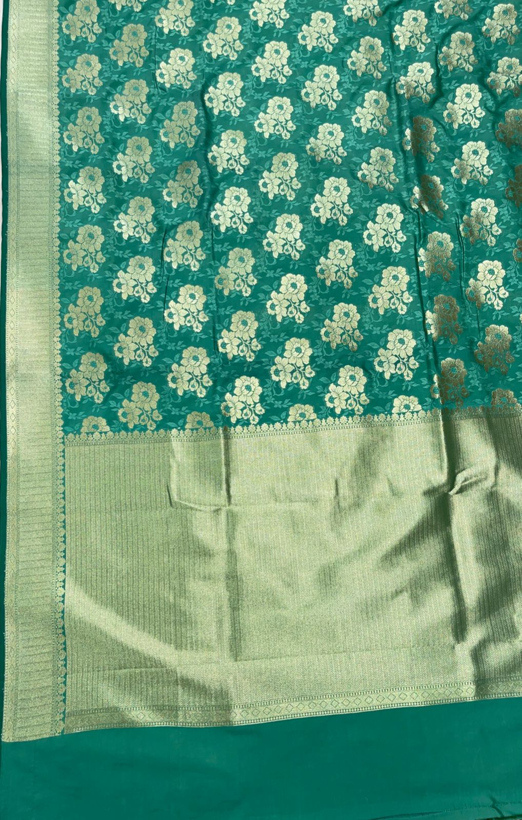 Faishana Presents Sea Green Katan Silk Golden Zari Floral Tilfi Boota with Banarasi Zari Border and Sea Green Blouse