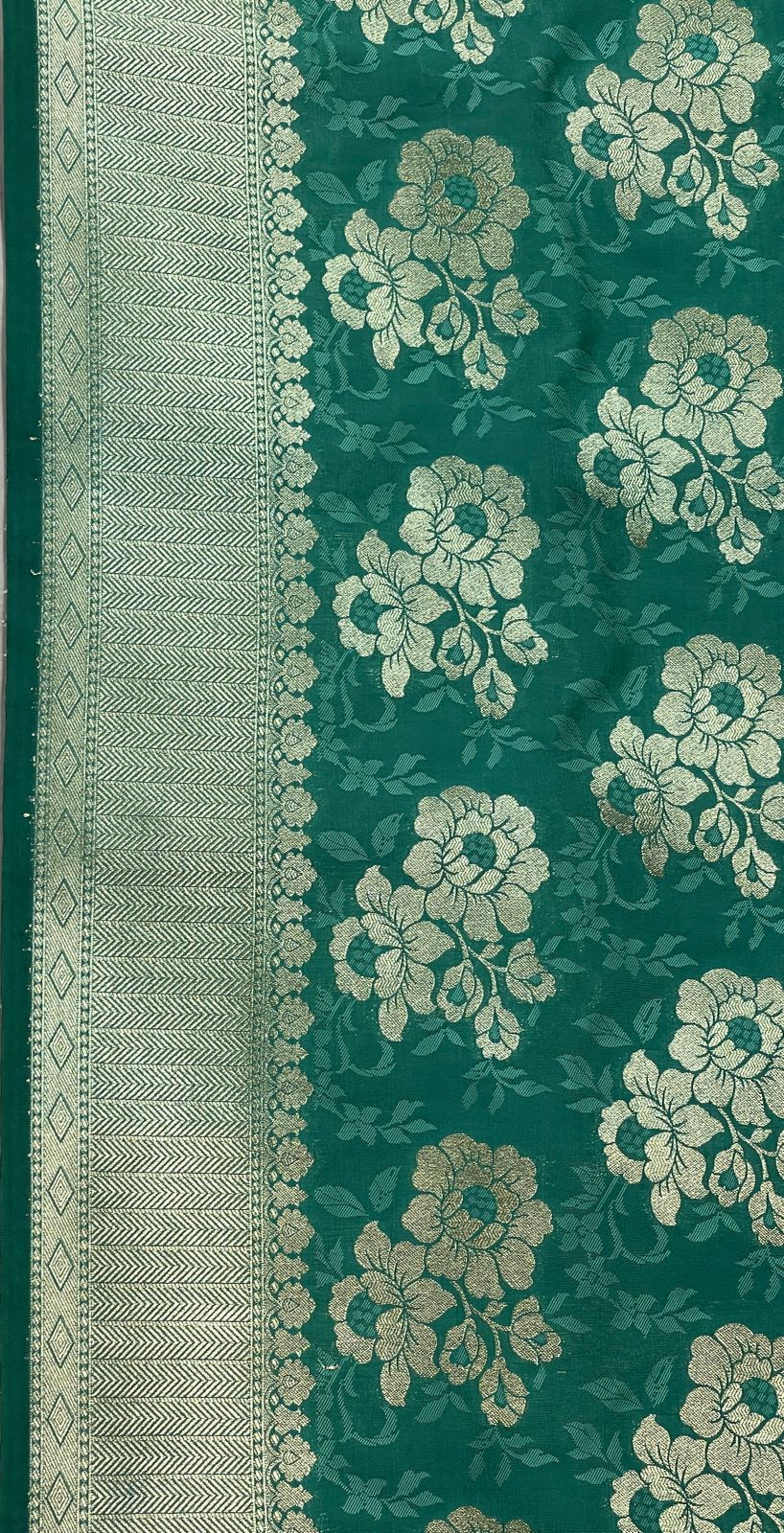 Faishana Presents Sea Green Katan Silk Golden Zari Floral Tilfi Boota with Banarasi Zari Border and Sea Green Blouse