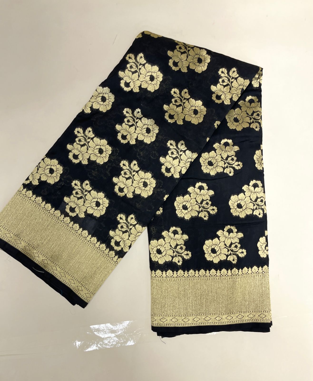 Faishana Presents Black Katan Silk Golden Zari Floral Tilfi Boota with Banarasi Zari Border and Black Blouse