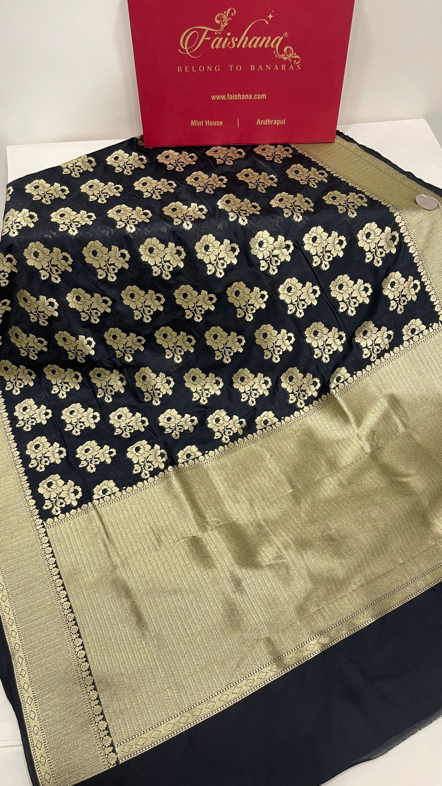 Faishana Presents Black Katan Silk Golden Zari Floral Tilfi Boota with Banarasi Zari Border and Black Blouse