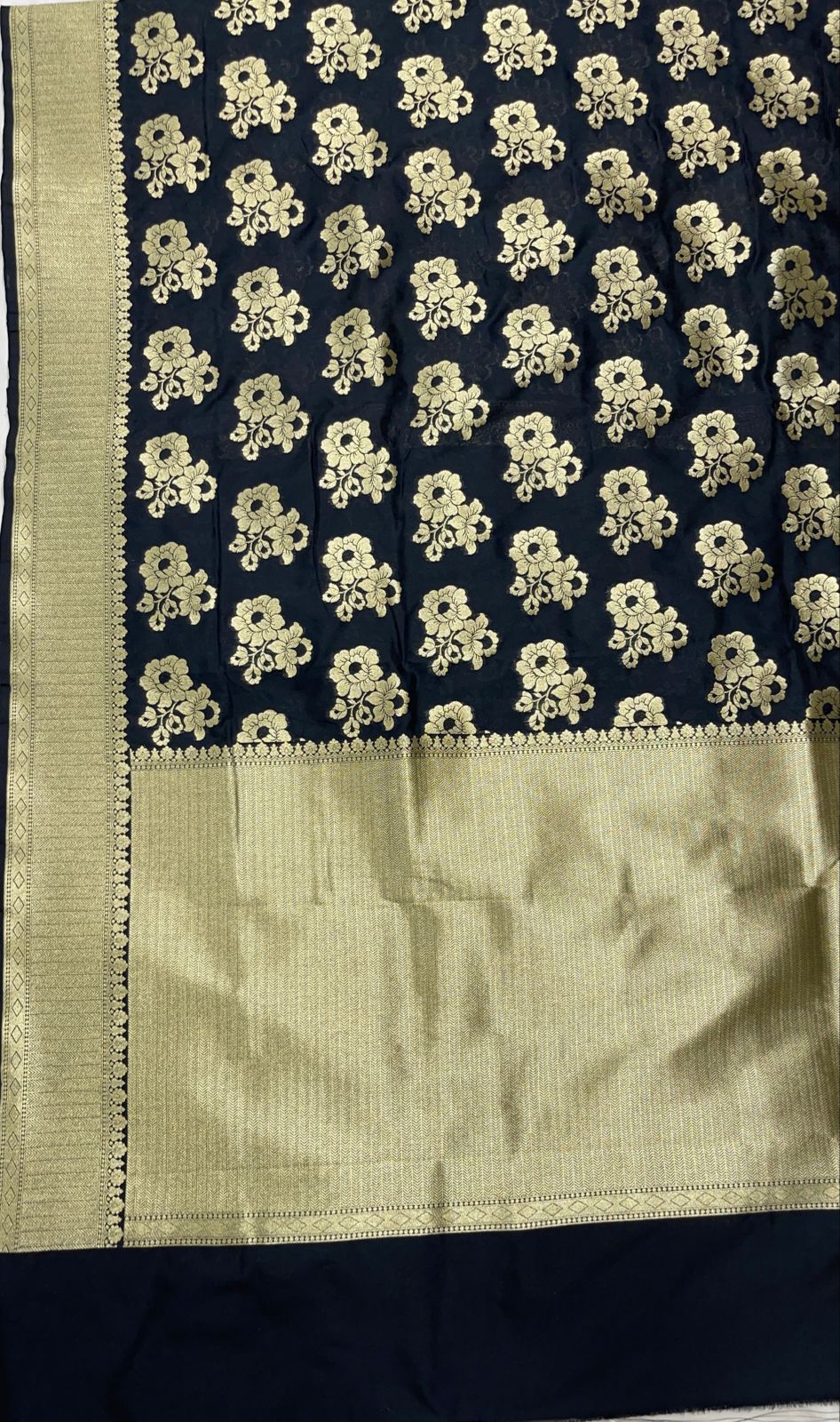 Faishana Presents Black Katan Silk Golden Zari Floral Tilfi Boota with Banarasi Zari Border and Black Blouse