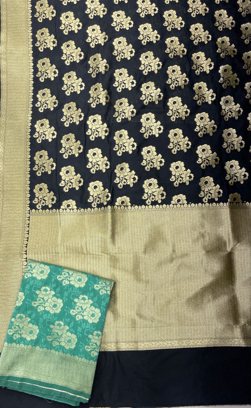 Faishana Presents Black Katan Silk Golden Zari Floral Tilfi Boota with Banarasi Zari Border and Black Blouse