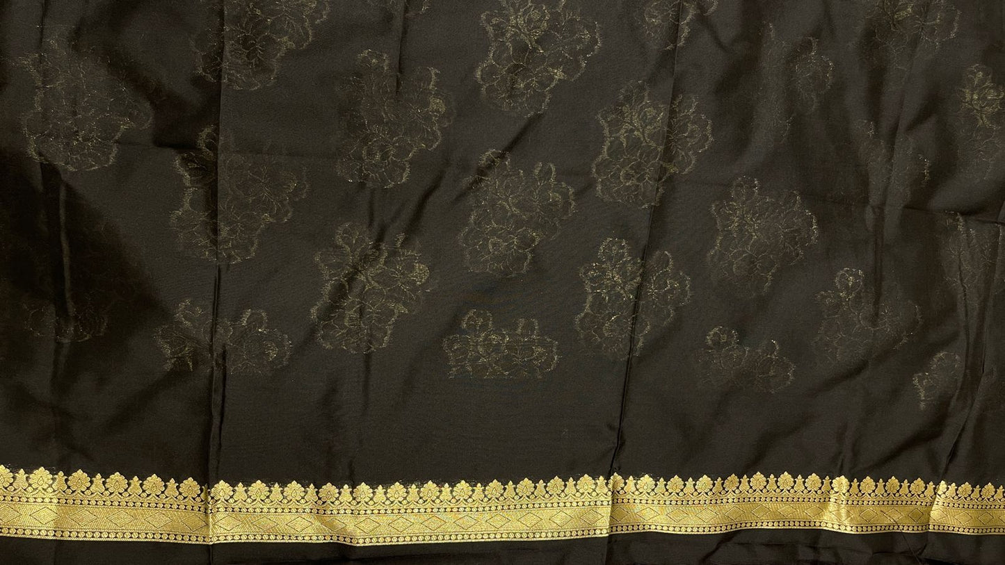 Faishana Presents Black Katan Silk Golden Zari Floral Tilfi Boota with Banarasi Zari Border and Black Blouse