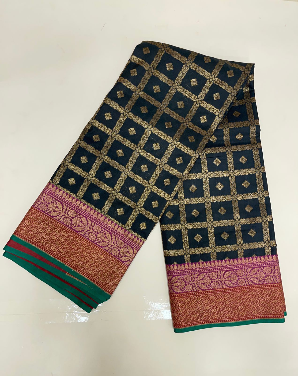 Faishana Presents Black Katan Silk Golden Zari Checkered Dot Booti with Dual Shade Zari Border and Black Blouse