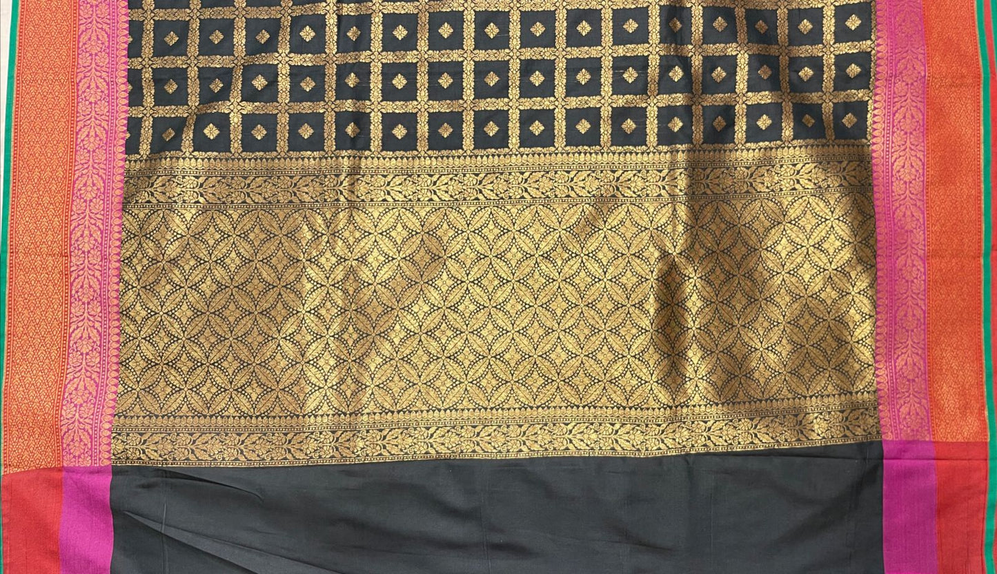 Faishana Presents Black Katan Silk Golden Zari Checkered Dot Booti with Dual Shade Zari Border and Black Blouse