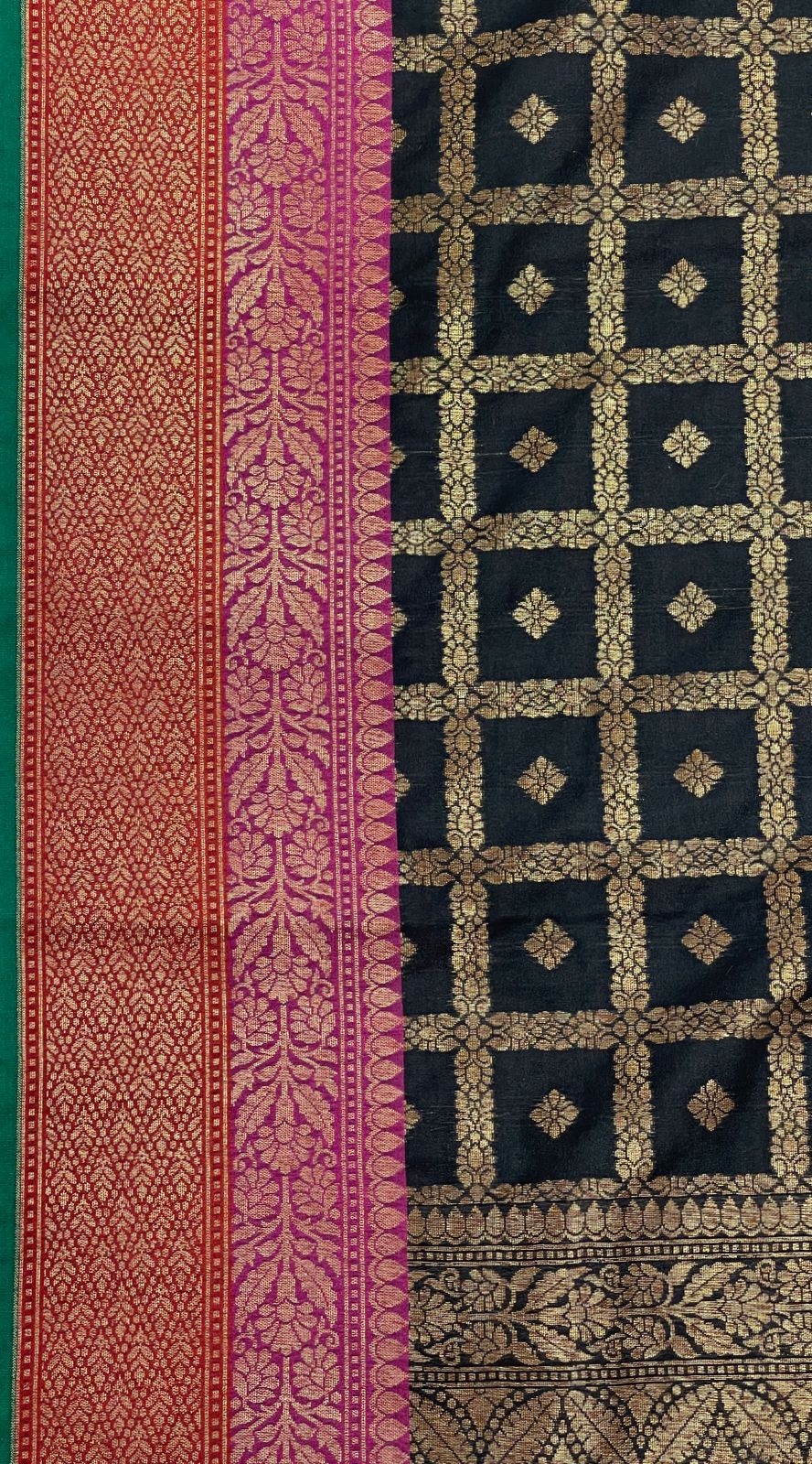Faishana Presents Black Katan Silk Golden Zari Checkered Dot Booti with Dual Shade Zari Border and Black Blouse