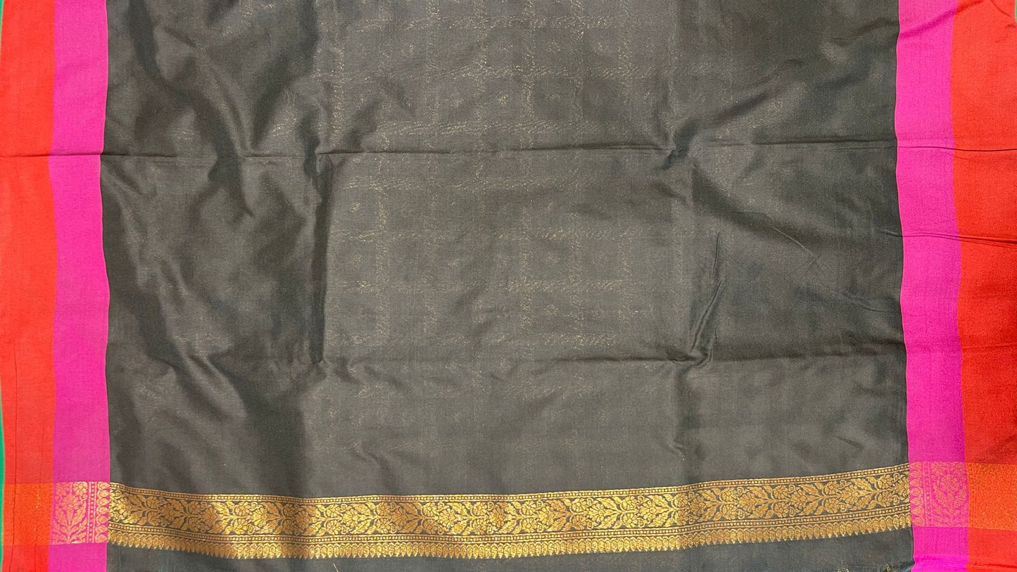 Faishana Presents Black Katan Silk Golden Zari Checkered Dot Booti with Dual Shade Zari Border and Black Blouse