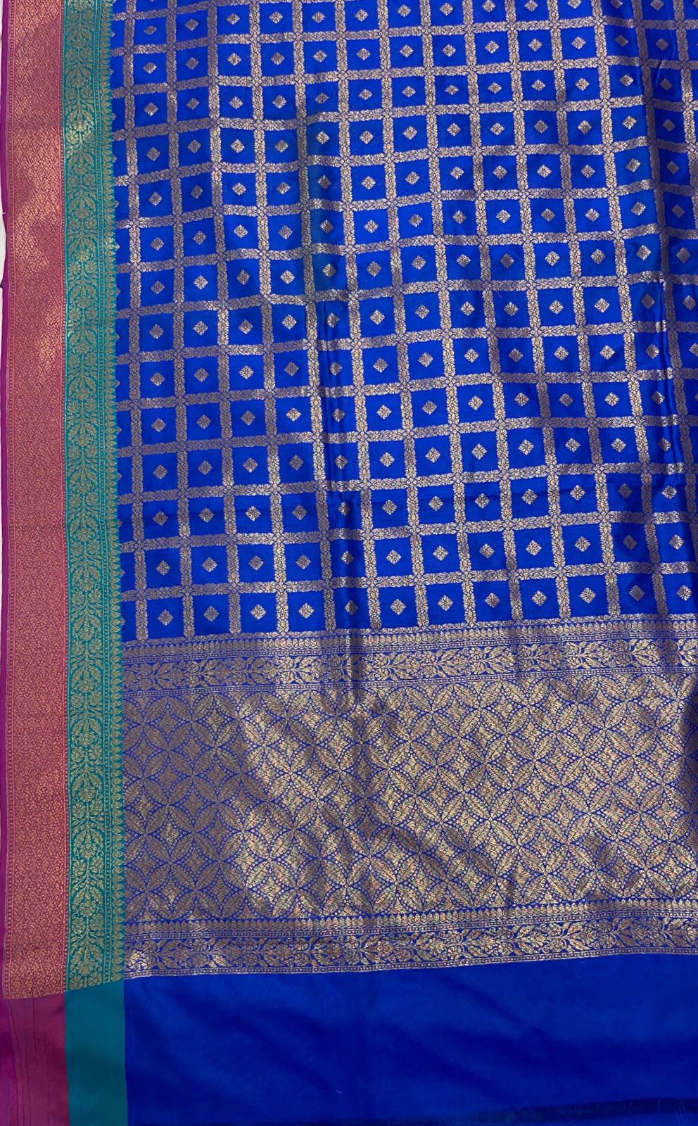 Faishana Presents Royal Blue Katan Silk Golden Zari Checkered Booti with Dual Shade Zari Border and Blue Blouse