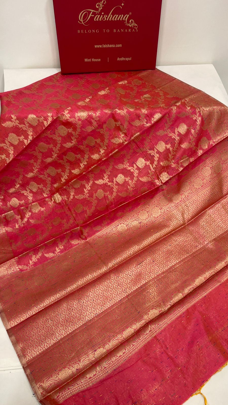 Faishana Presents Pink Art Silk Golden Floral Zari Jaal with Banarasi Floral Zari Border with Pink Blouse