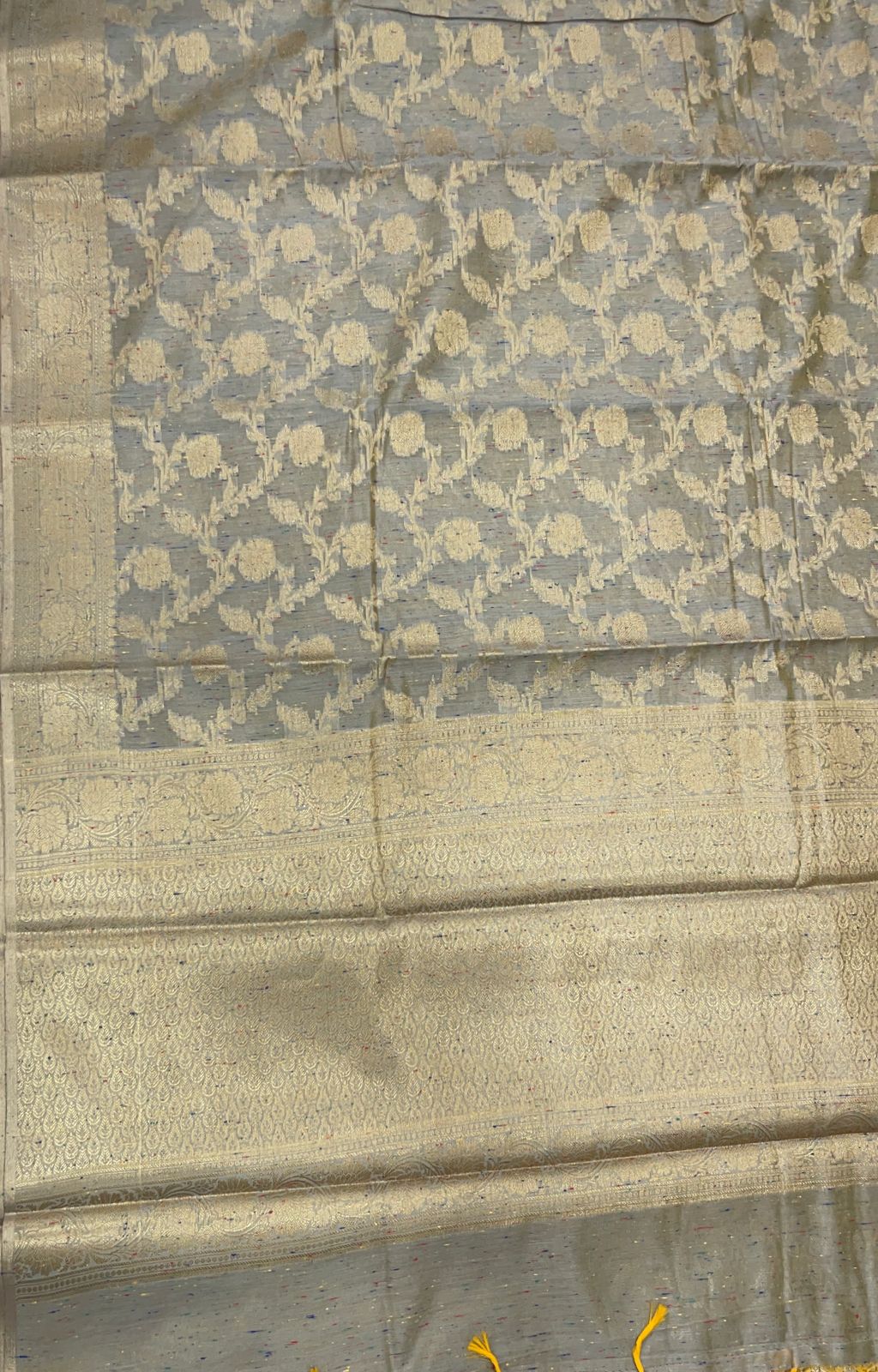 Faishana Presents Grey Art Silk Golden Floral Zari Jaal with Banarasi Floral Zari Border with Grey Blouse