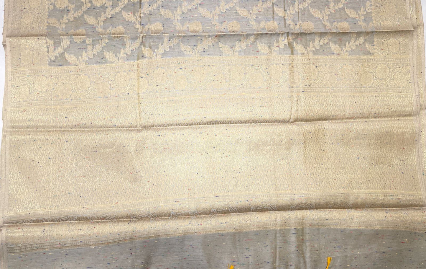 Faishana Presents Grey Art Silk Golden Floral Zari Jaal with Banarasi Floral Zari Border with Grey Blouse