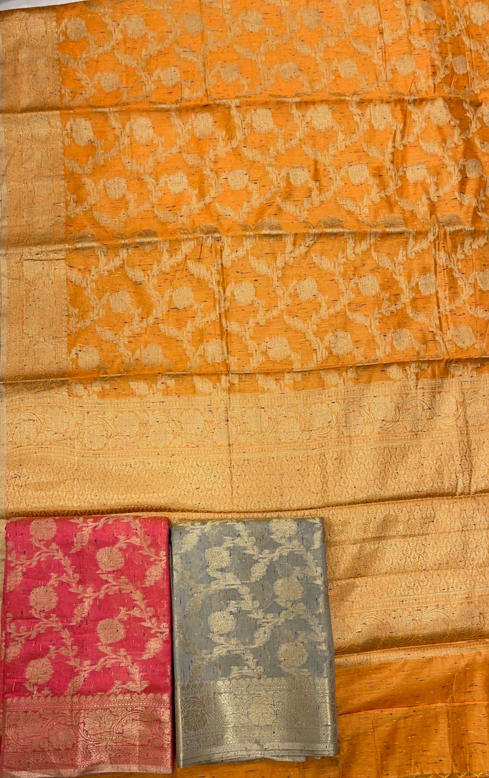 Faishana Presents Gold Art Silk Golden Floral Zari Jaal with Banarasi Floral Zari Border with Gold Blouse