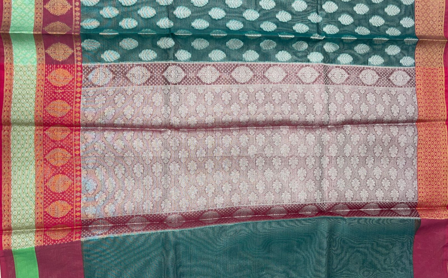 Faishana Presents Green Organza Silver Zari Floral Booti with Contrast Light Purple Floral Booti Pallu and Skirt Zari 2D Border with Light Purple Blouse