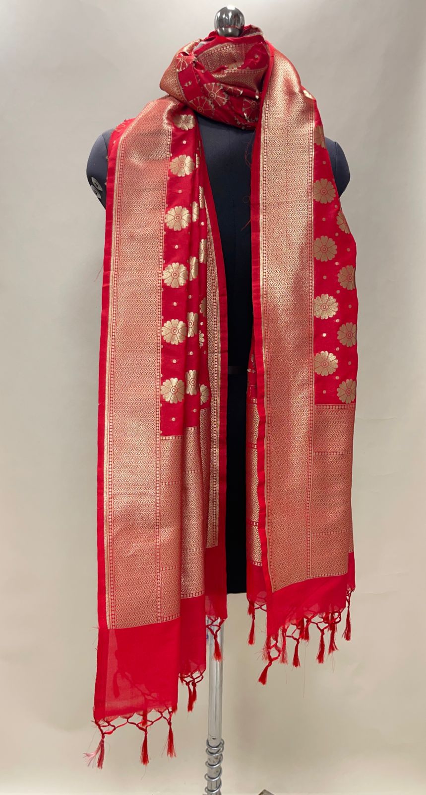 Faishana Presents Red Semi Katan Silk Floral Golden Zari Booti Banarasi Dupatta