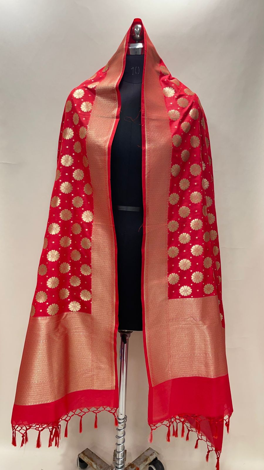 Faishana Presents Red Semi Katan Silk Floral Golden Zari Booti Banarasi Dupatta