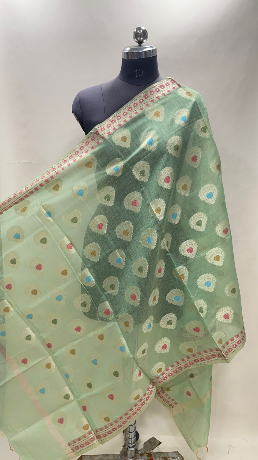 Faishana Presents Pista Green Cotton Zari Mina Boota With Pink Minakari Border Banarasi Dupatta
