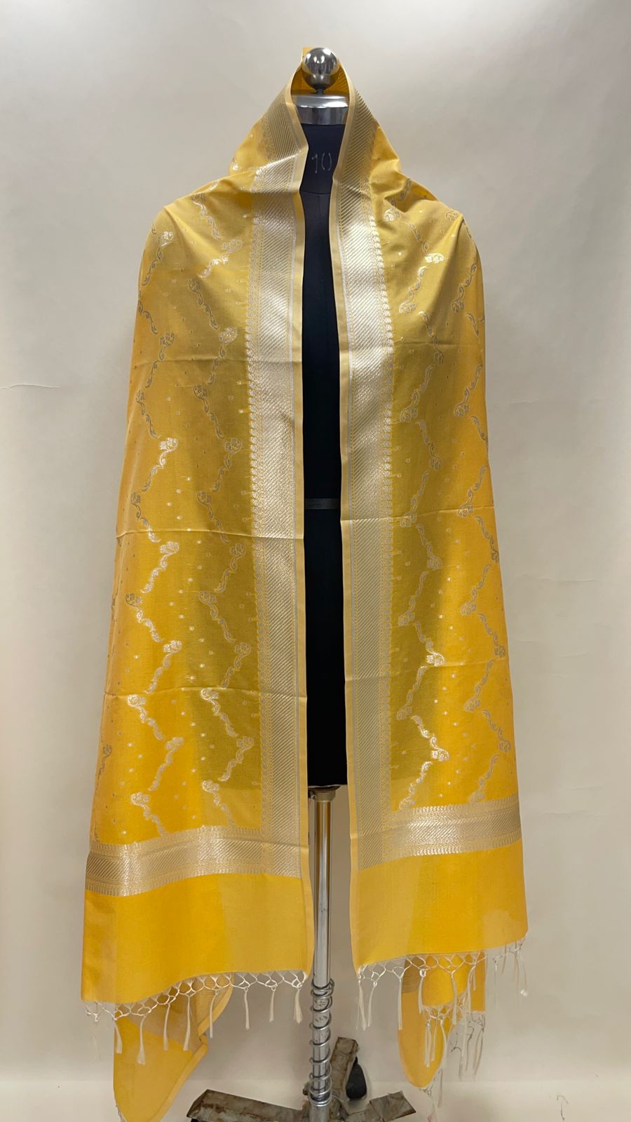 Faishana Present Gold Nakli Semi Katan Silk Silver Zari Zig Zag Stripe Zari Border Banarasi Dupatta