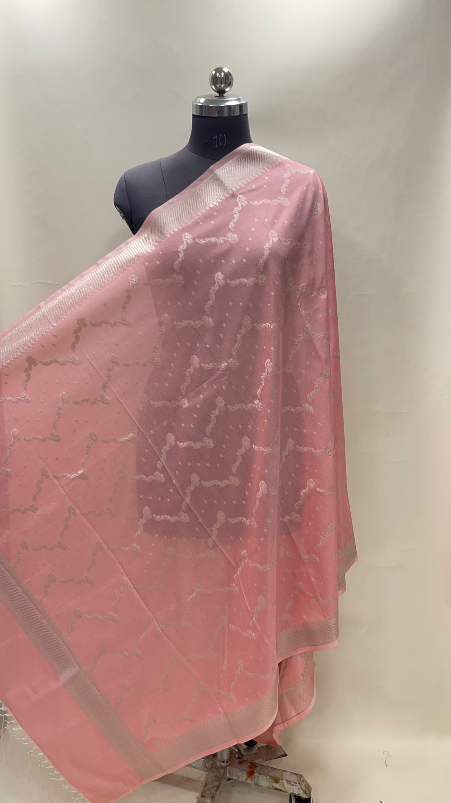 Faishana Present Peach Nakli Semi Katan Silk Silver Zari Zig Zag Stripe Zari Border Banarasi Dupatta