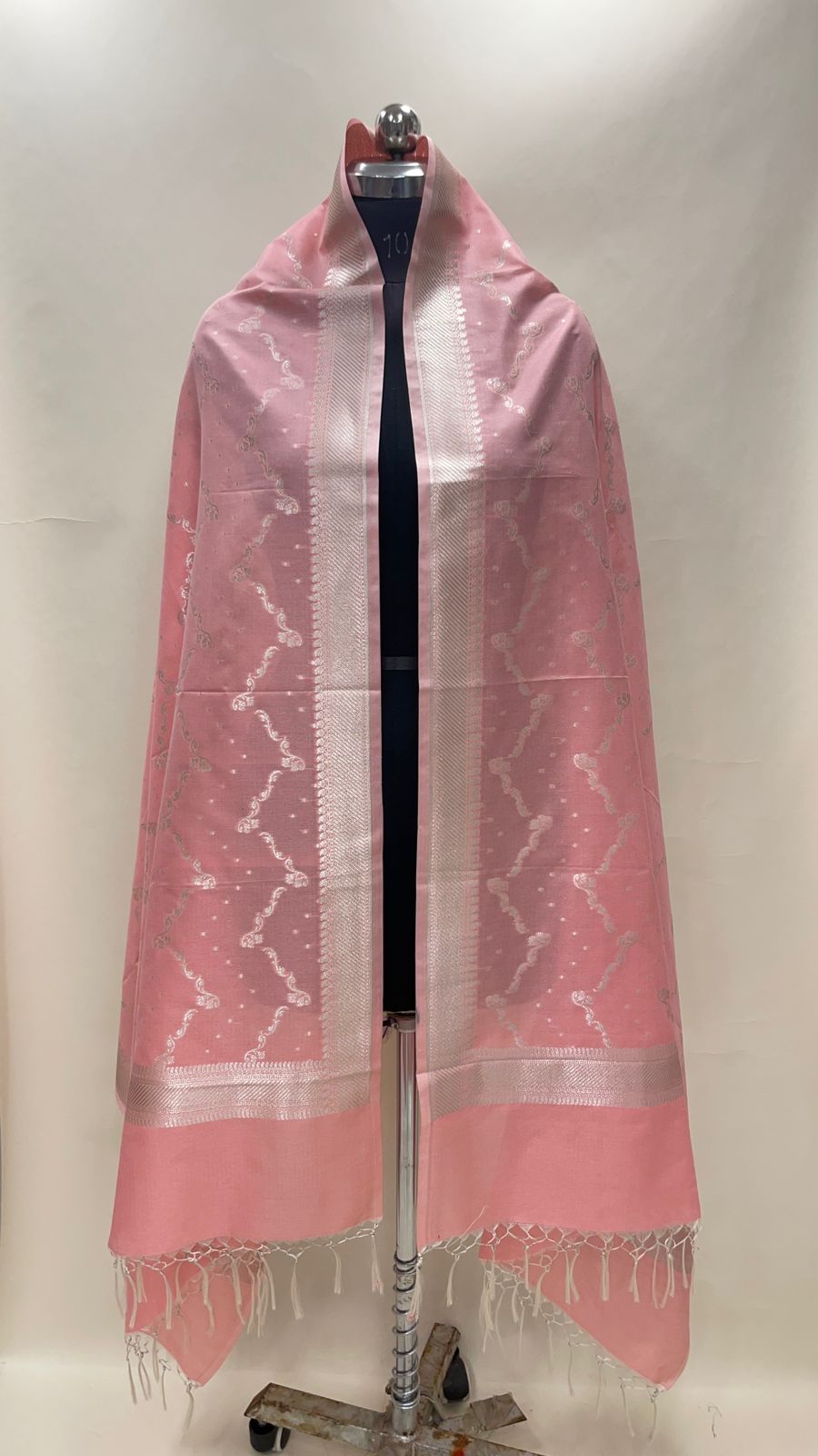 Faishana Present Peach Nakli Semi Katan Silk Silver Zari Zig Zag Stripe Zari Border Banarasi Dupatta