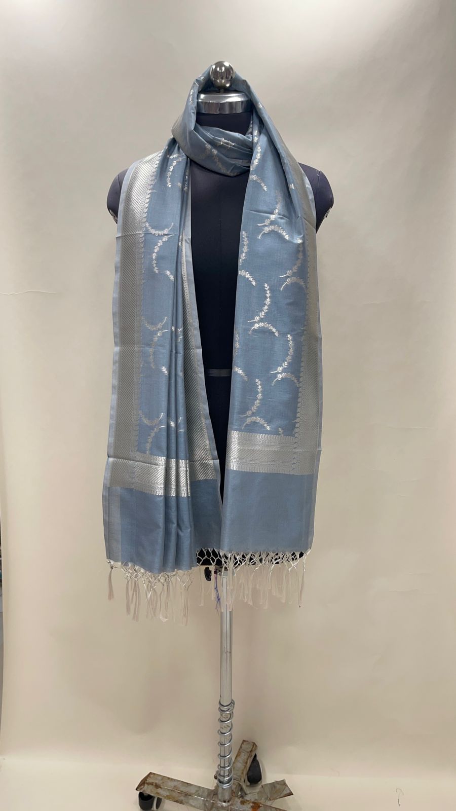 Faishana Presents Grey Nakli Semi Katan Silk Silver Zari Banarasi Dupatta