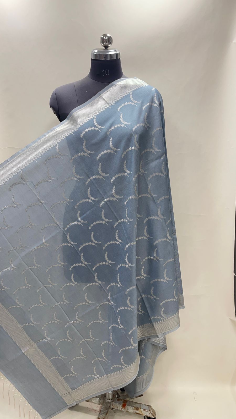 Faishana Presents Grey Nakli Semi Katan Silk Silver Zari Banarasi Dupatta