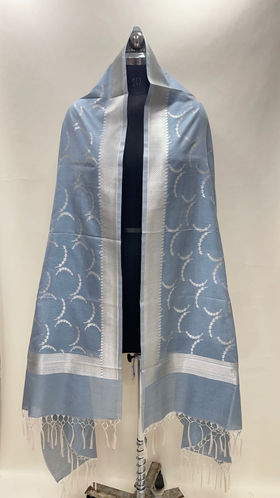 Faishana Presents Grey Nakli Semi Katan Silk Silver Zari Banarasi Dupatta
