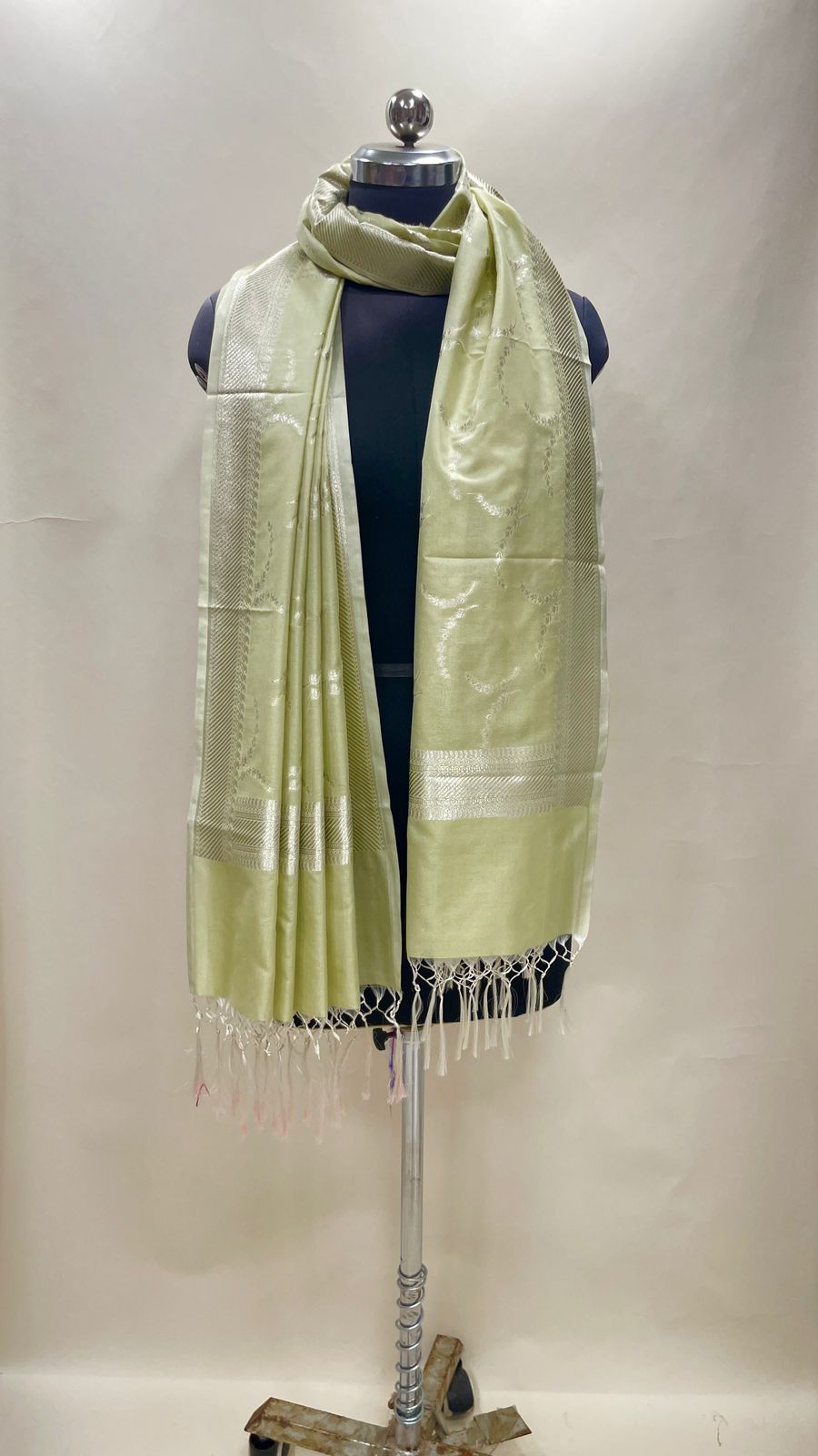 Faishana Presents Pista Green Nakli Semi Katan Silk Silver Zari Banarasi Dupatta