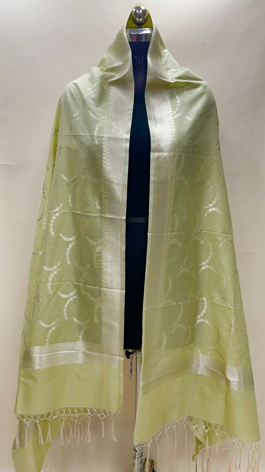 Faishana Presents Pista Green Nakli Semi Katan Silk Silver Zari Banarasi Dupatta