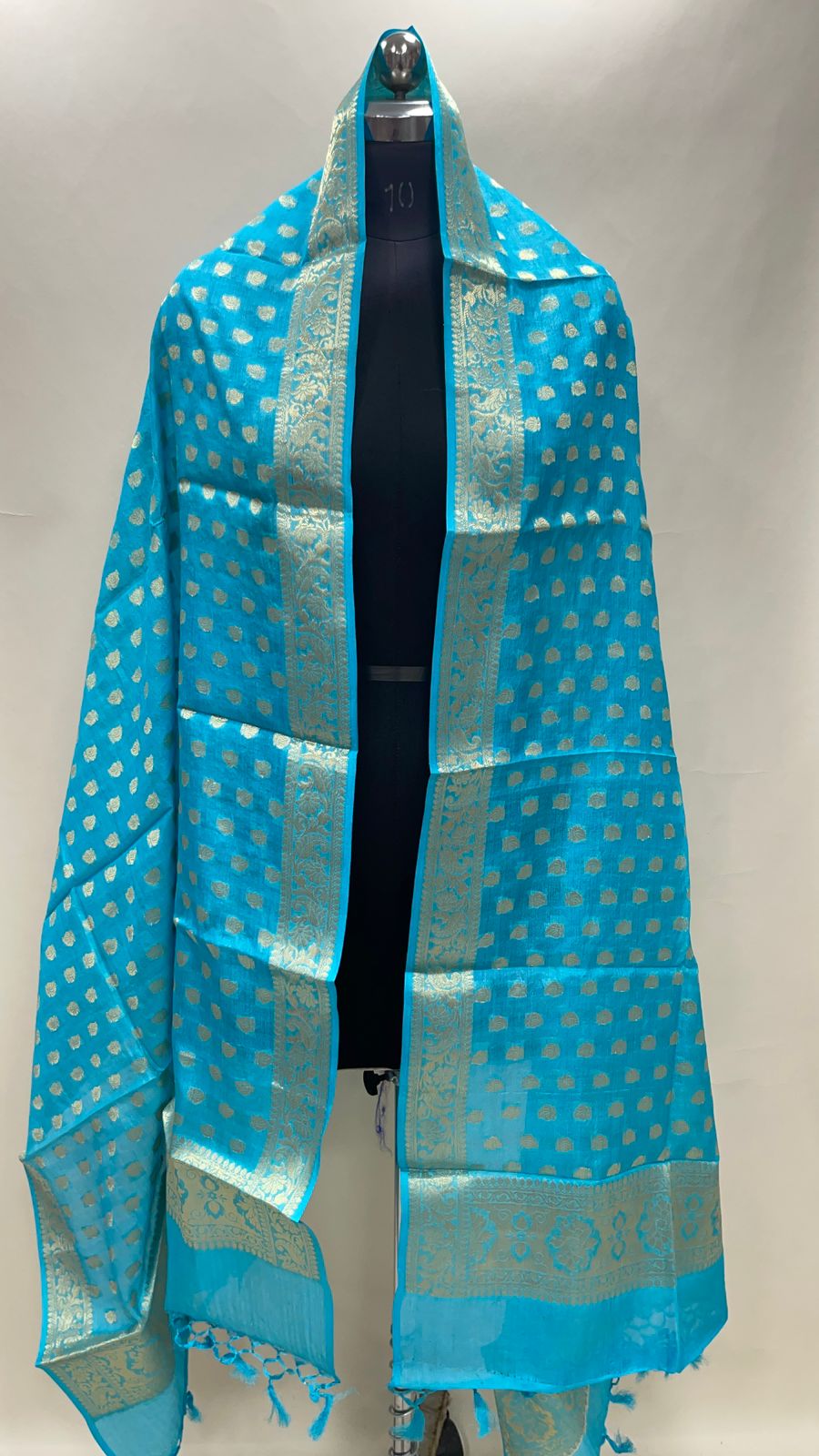 Faishana Presents Sky Blue Semi Katan Silk Golden Zari Floral Booti Banarasi Zari Border Banarasi Dupatta