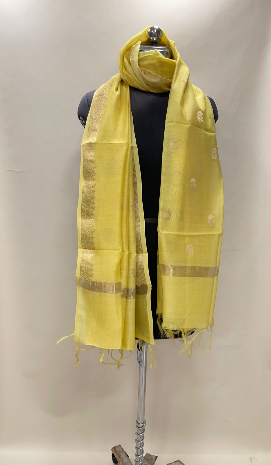 Faishana Presents Yellow Cotton Golden Zari Booti Banarasi Dupatta