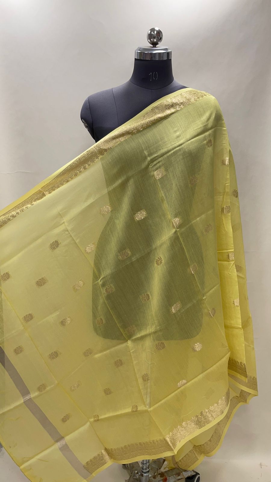 Faishana Presents Yellow Cotton Golden Zari Booti Banarasi Dupatta