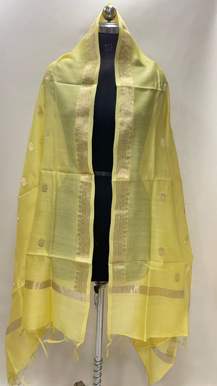 Faishana Presents Yellow Cotton Golden Zari Booti Banarasi Dupatta