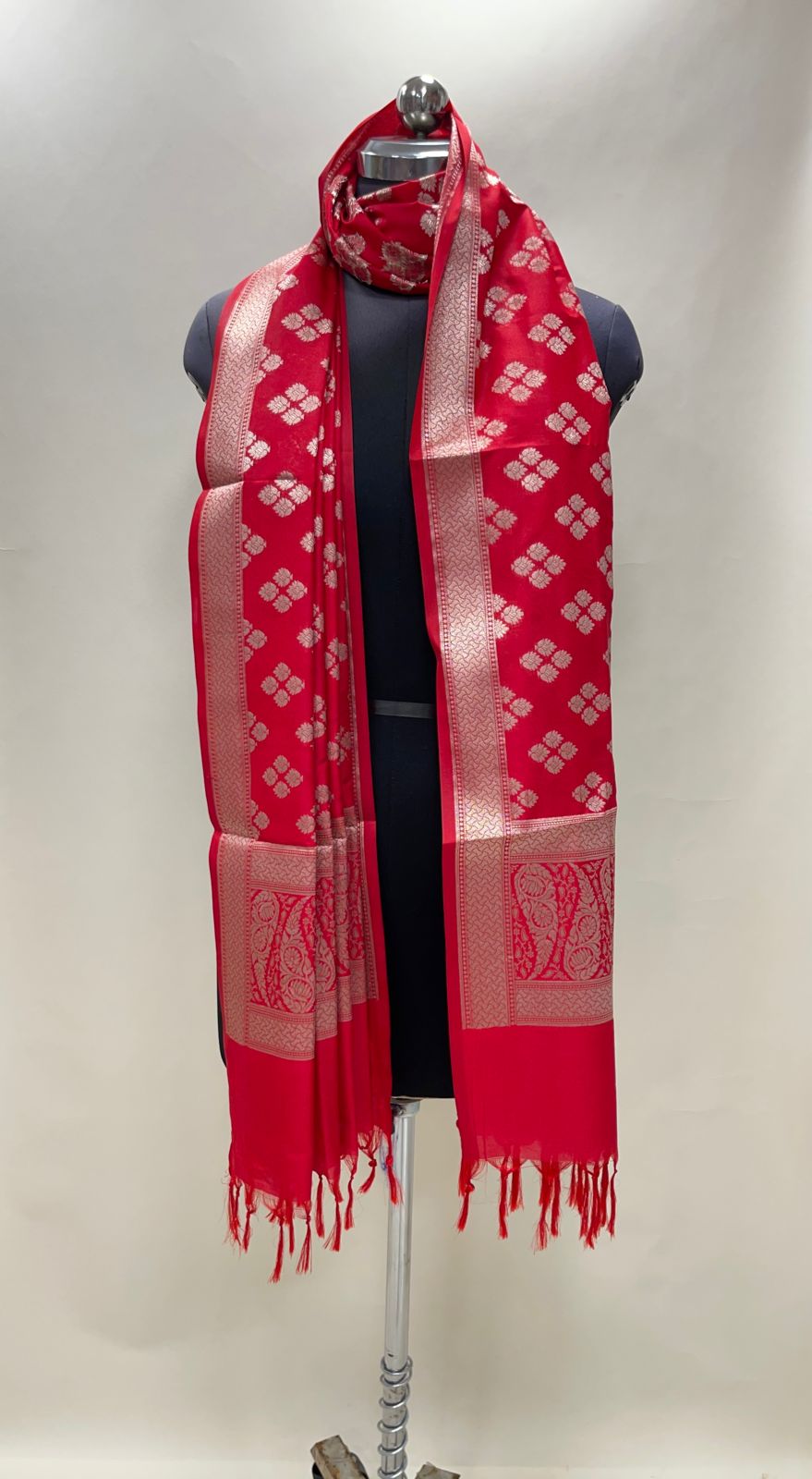 Faishana Presents Red Semi Katan Silk Floral Zari Booti Paisley Anchal Banarasi Dupatta