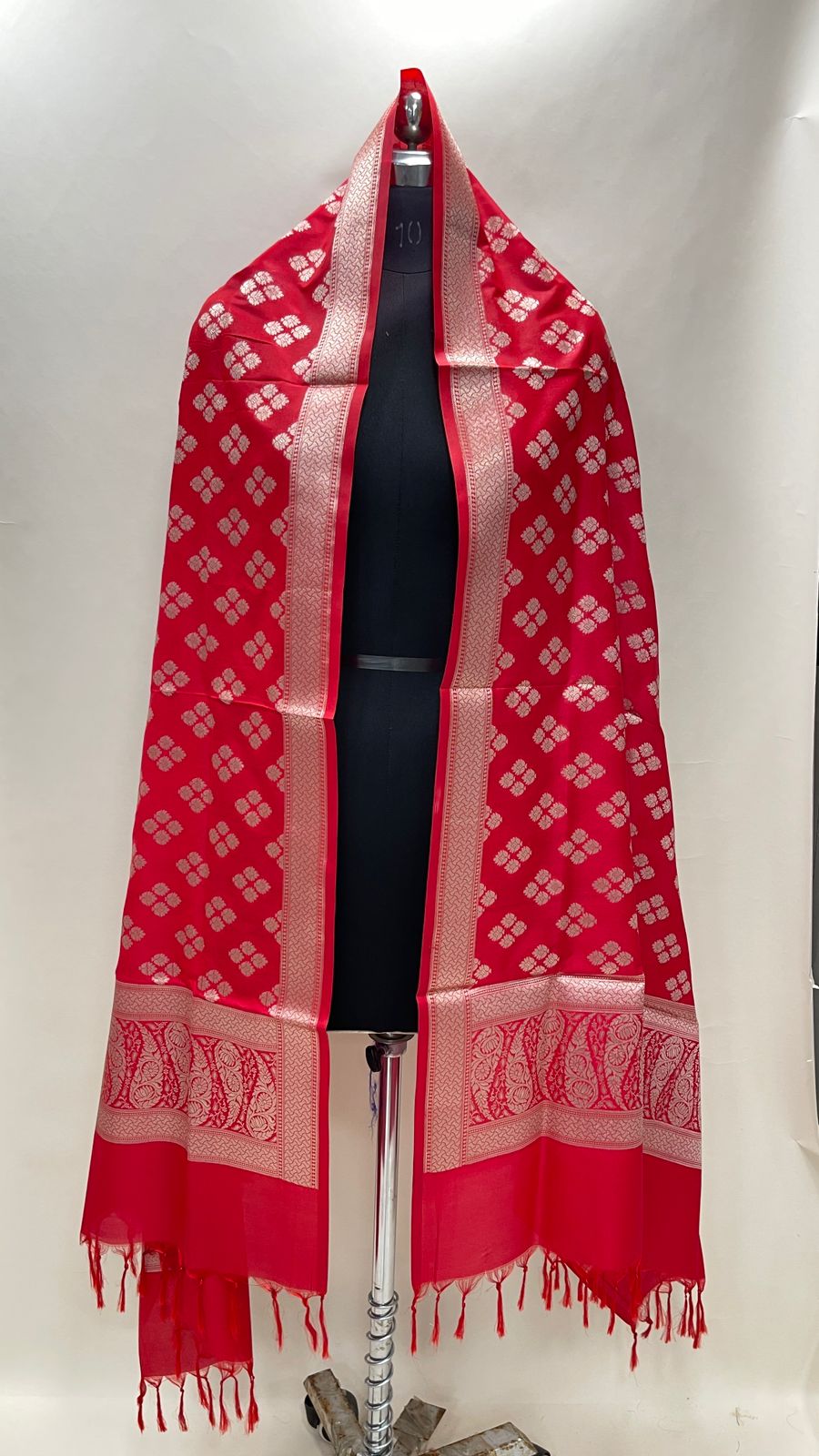 Faishana Presents Red Semi Katan Silk Floral Zari Booti Paisley Anchal Banarasi Dupatta