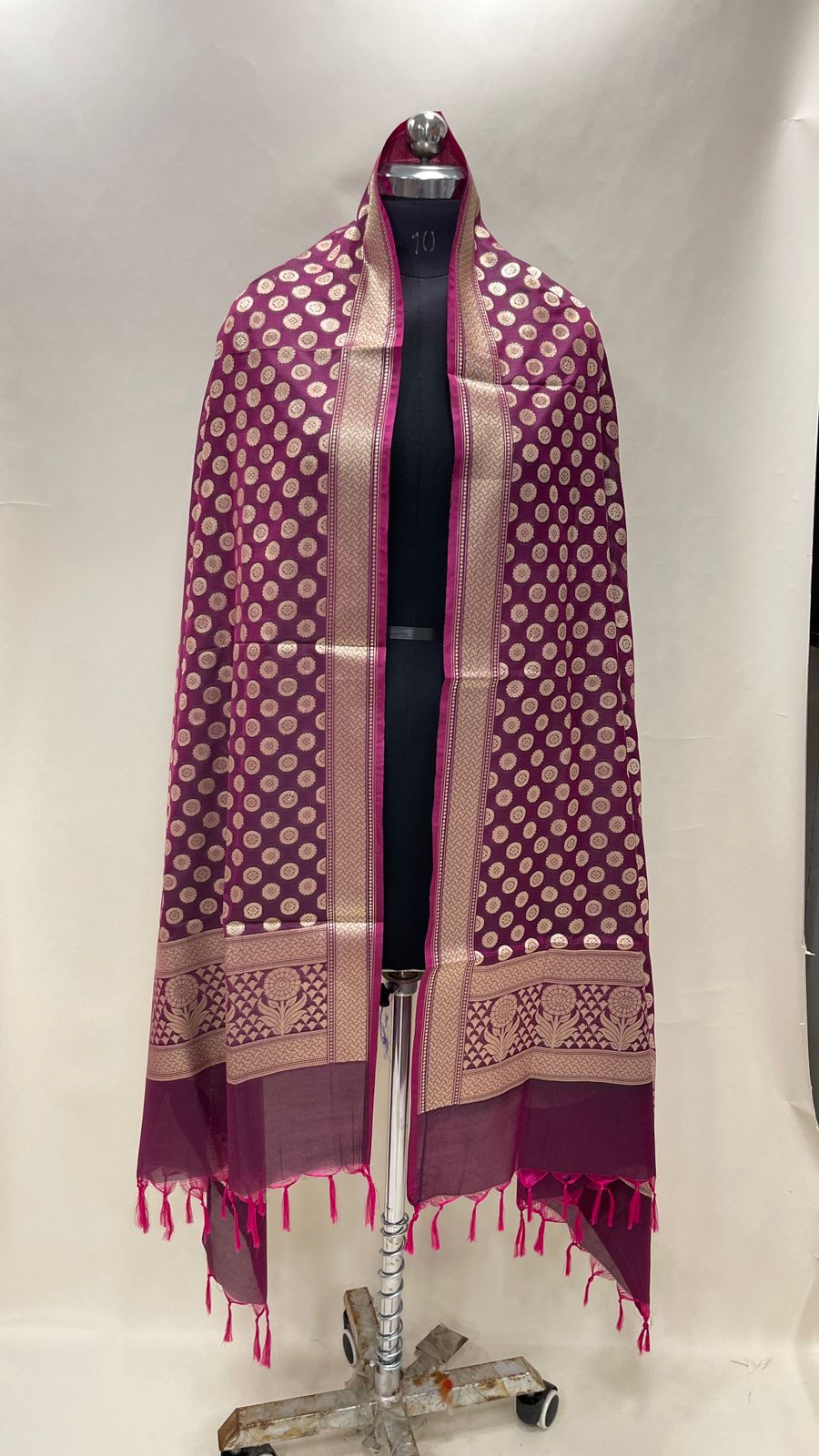 Faishana Presents Semi Katan Silk Purple Alfi Zari Booti Floral Anchal Banarasi Dupatta