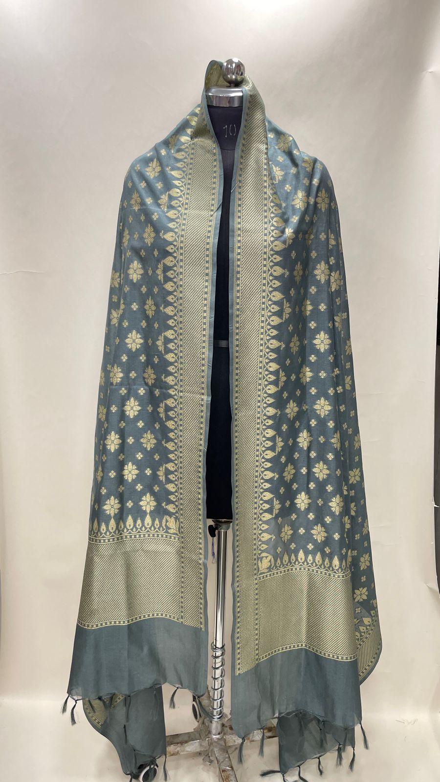 Faishana Presents Grey Semi Katan Silk Golden Zari Chunri Boota Banarasi Dupatta