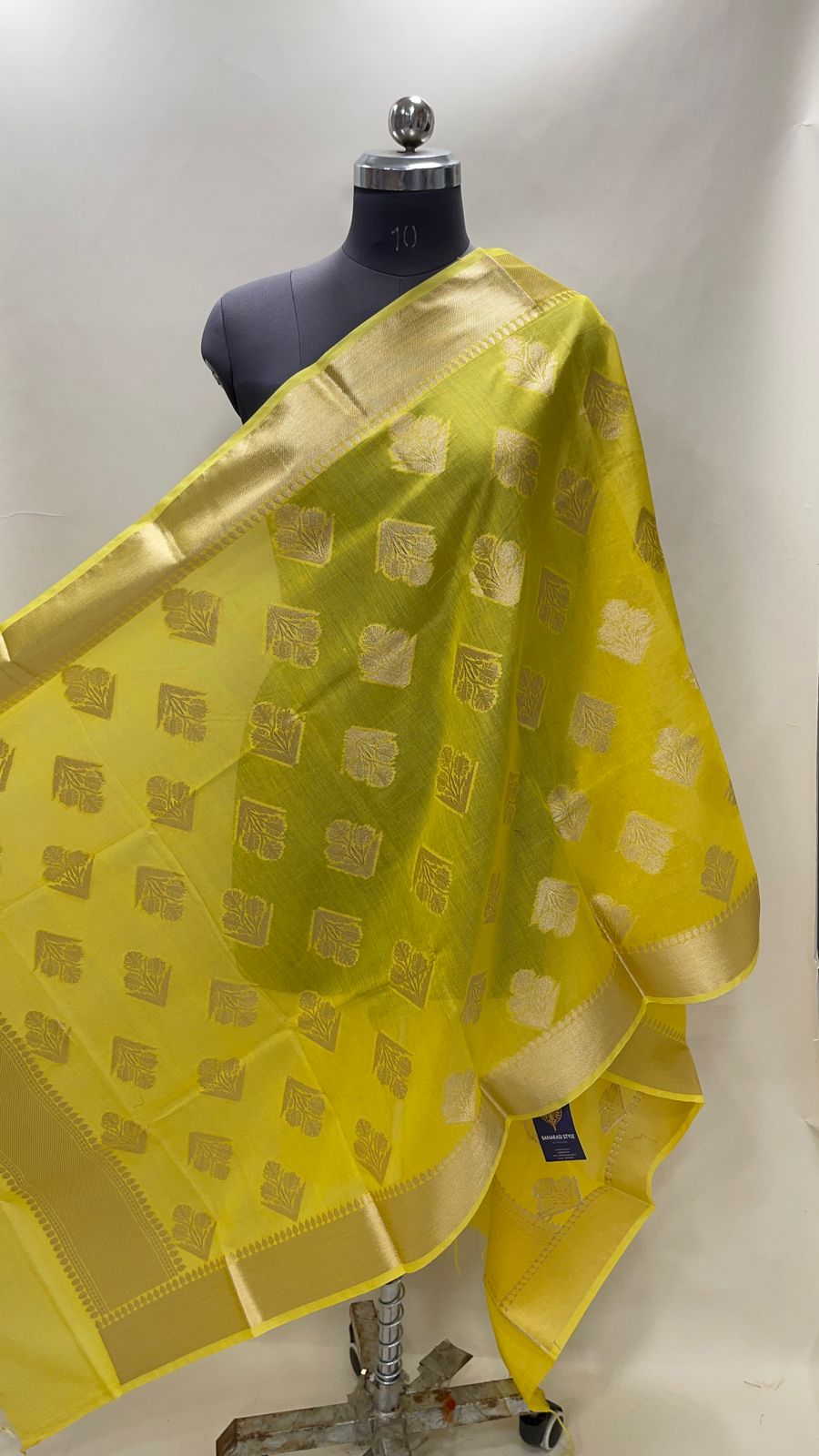 Faishana Presents Yellow Cotton Floral Zari Boota Banarasi Zari Border Dupatta