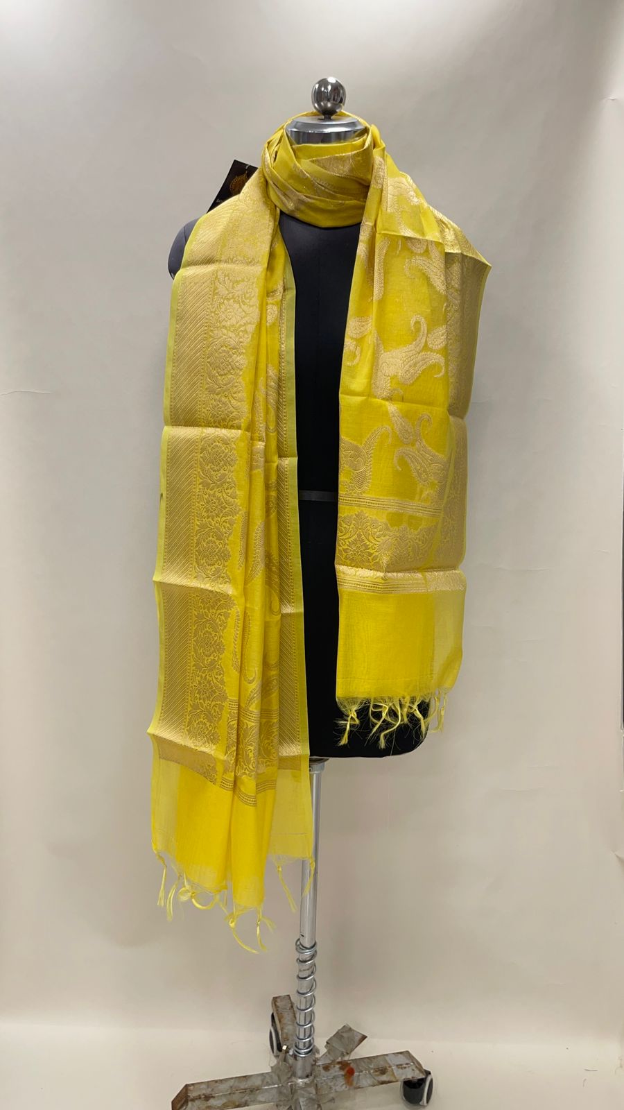 Faishana Presents Yellow Cotton Floral Golden Zari Paisley Boota Jaal Banarasi Dupatta