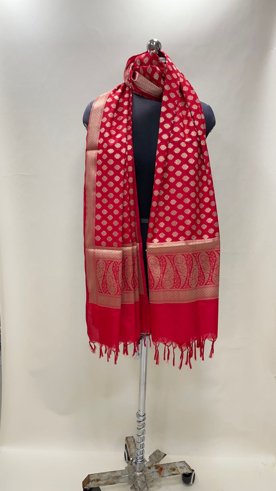Faishana Presents Red Semi Katan Silk Floral Zari Chunri Booti Paisley Anchal Banarasi Dupatta