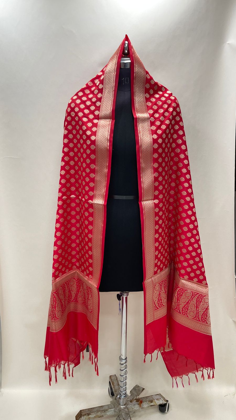 Faishana Presents Red Semi Katan Silk Floral Zari Chunri Booti Paisley Anchal Banarasi Dupatta