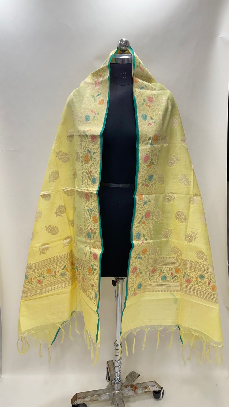 Faishana Presents Light Yellow Cotton Golden Zari Floral Boota with a Handpainted Border Banarasi Dupatta