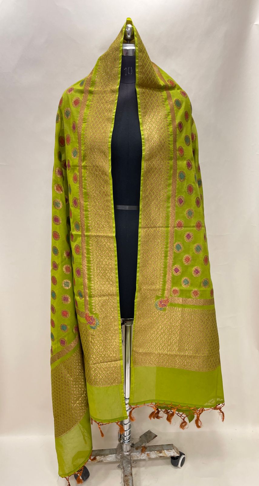 Faishana Presents Green Cotton Golden Zari Mina Booti Banarasi Border Dupatta