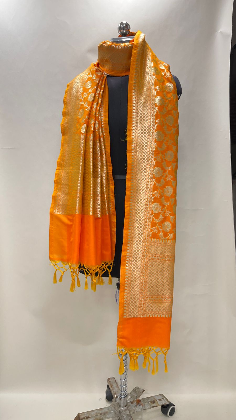 Faishana Presents Orange Semi Katan Silk Golden Floral Zari Jaal Banarasi Dupatta