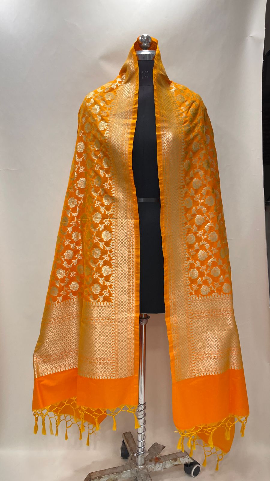 Faishana Presents Orange Semi Katan Silk Golden Floral Zari Jaal Banarasi Dupatta