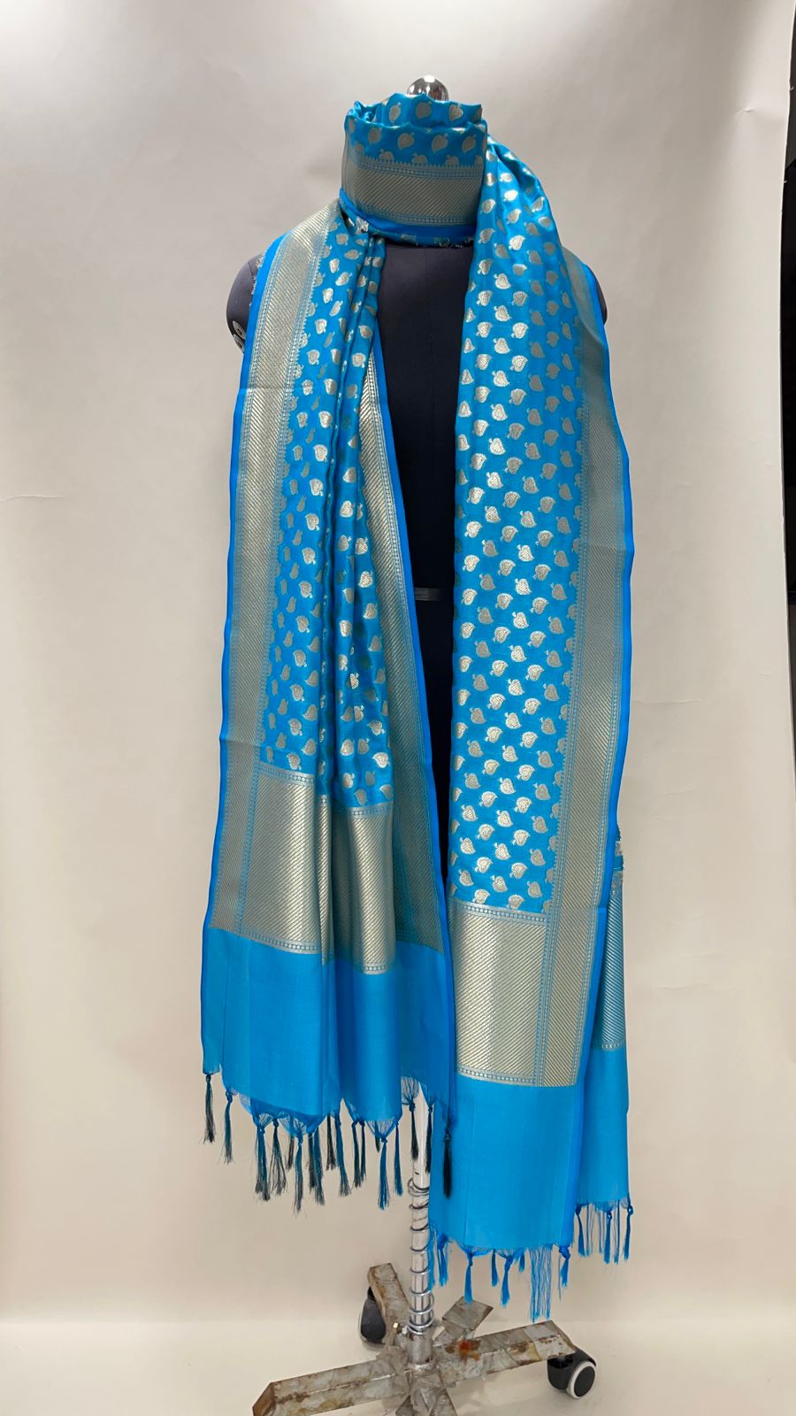 Faishana Presents Sky Blue Semi Katan Silk Golden Zari Floral Booti Banarasi Zari Border Banarasi Dupatta