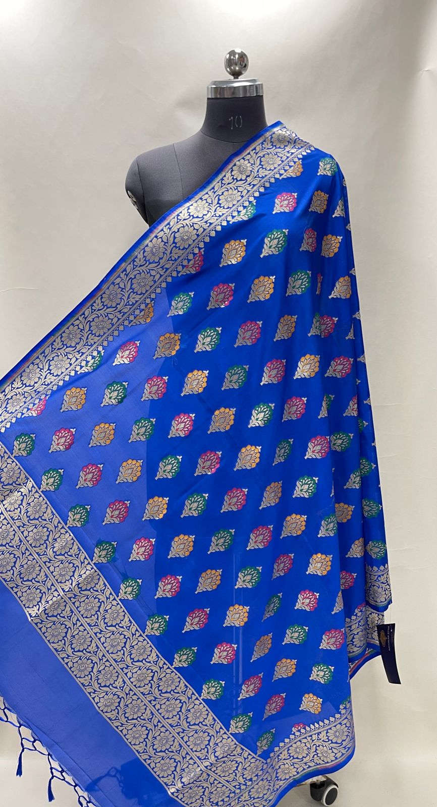 Faishana Presents Royal Blue Semi Katan Silk Golden Zari Floral Tilfi Mina Booti Banarasi Zari Border Banarasi Dupatta